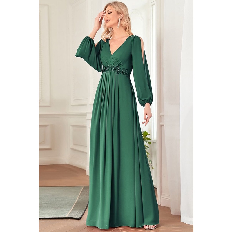 Long Lantern Sleeves V-Neck A-Line Evening Gowns (Green) (Made To Order)