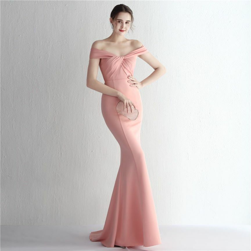 Off Shoulder Twist Slim Mermaid Long Evening Gown (Pink) (Made To Order)