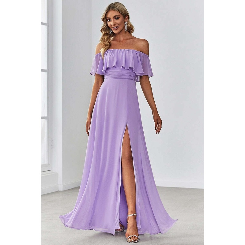 Off Shoulder Sleeveless Split Long Evening Dress (Lavender) (Made To Order)
