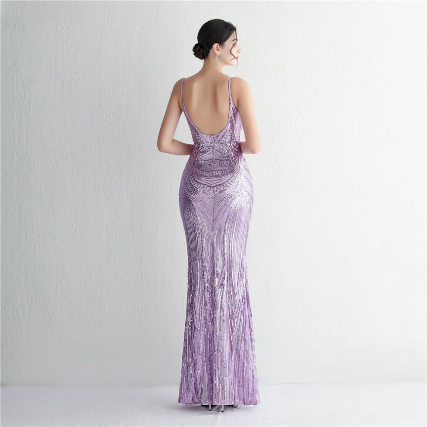 Low Back Spaghetti Mermaid Evening Gown (Purple) (Made To Order)
