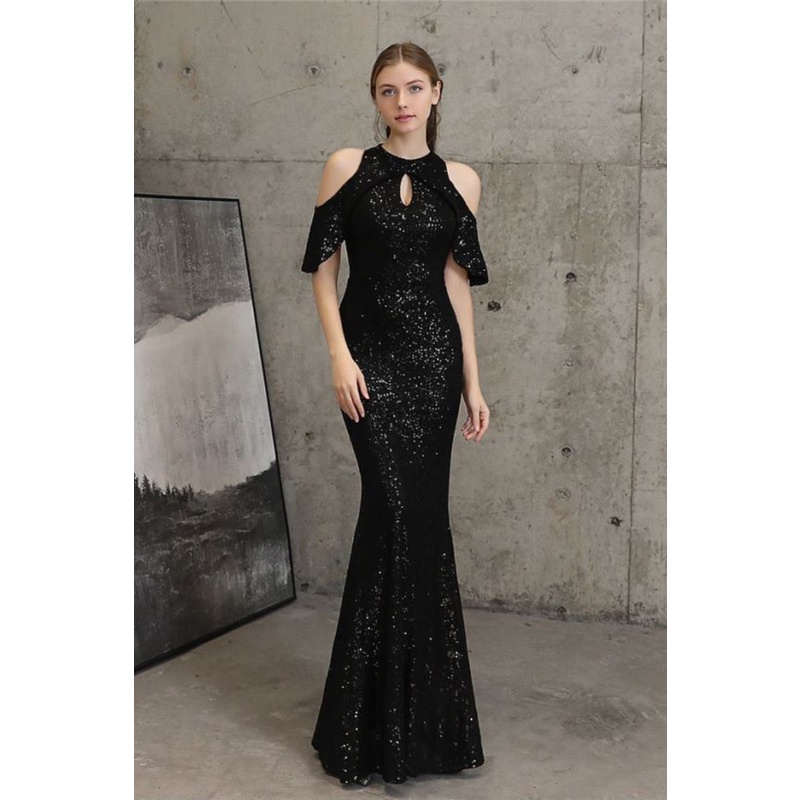Cold Shoulder Sequins Mermaid Evening Gown (Black) (Made To Order)