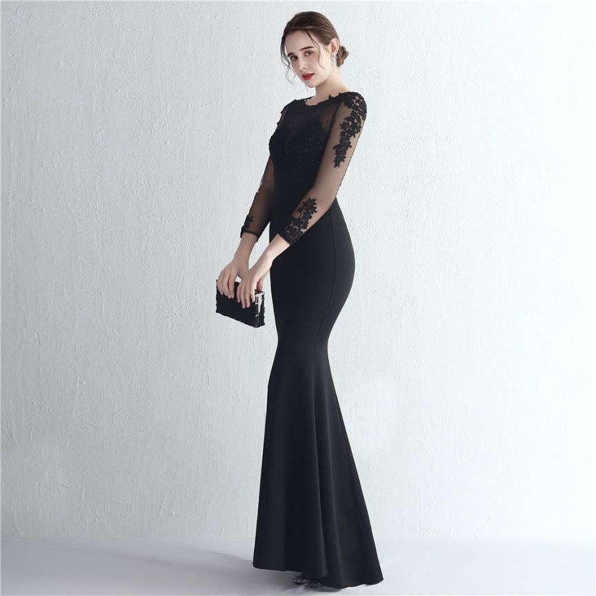 Elegant Long Sleeve Lace Mermaid Evening Gown (Black) (Made To Order)