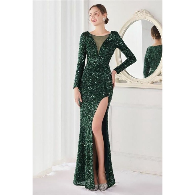Long Sleeve Illusion V-Neck Evening Gowns (Green) (Retail)