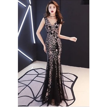 V-Neck Gold Sequins Mermaid Long Gown (Made To Order)