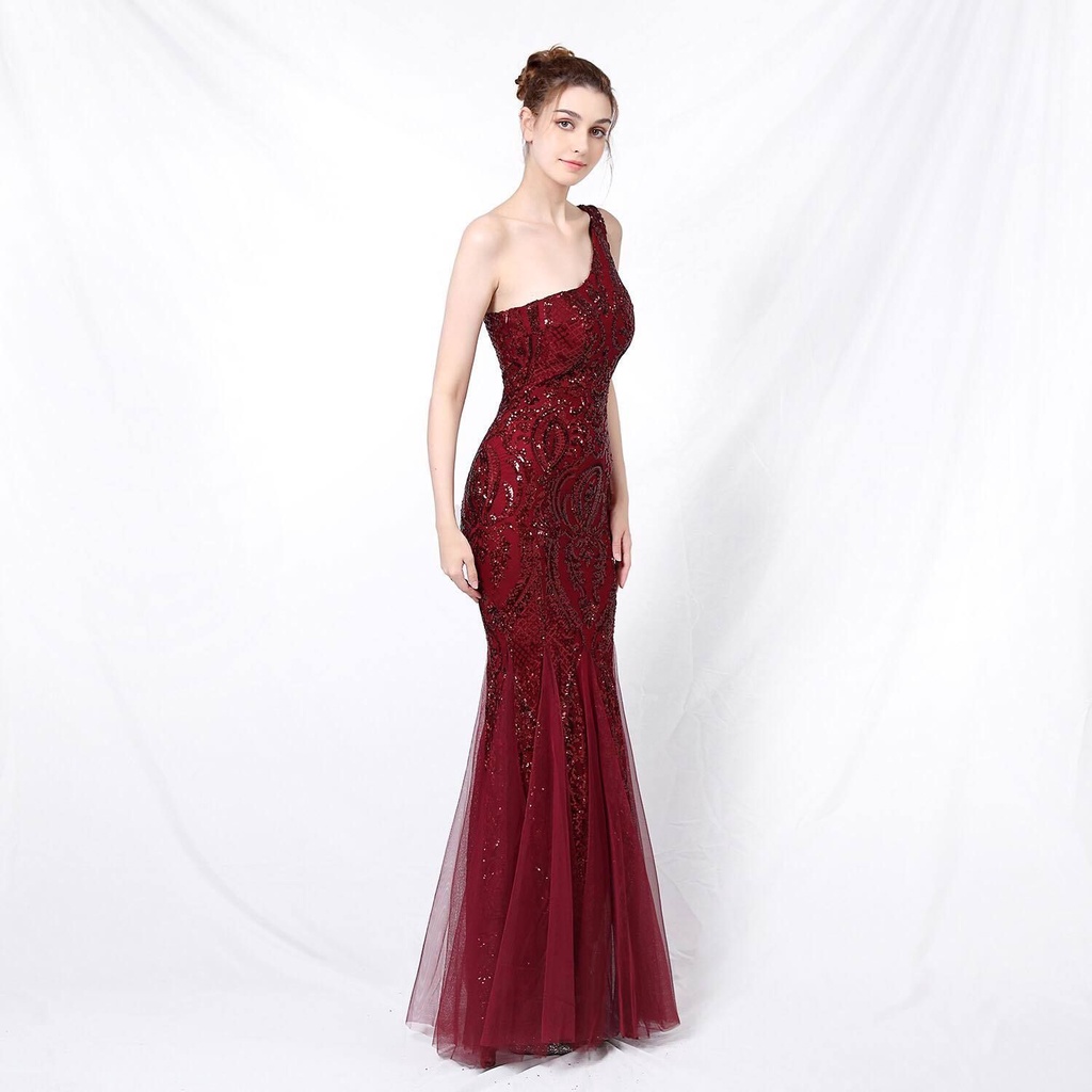 One Side Shoulder Sequins Mermaid Evening Gown (Burgundy) (Made To Order)