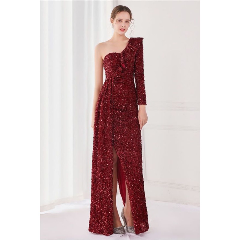 Ruffles One Side Long Sleeve Sequins Evening Gown (Maroon) (Made To Order)