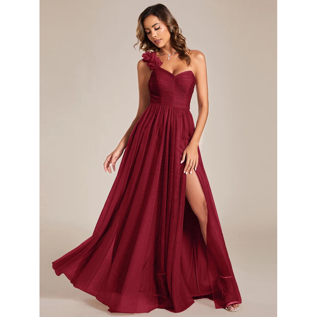 One Shoulder Pleated Split Tulle Evening Gown (Burgundy) (Made To Order)