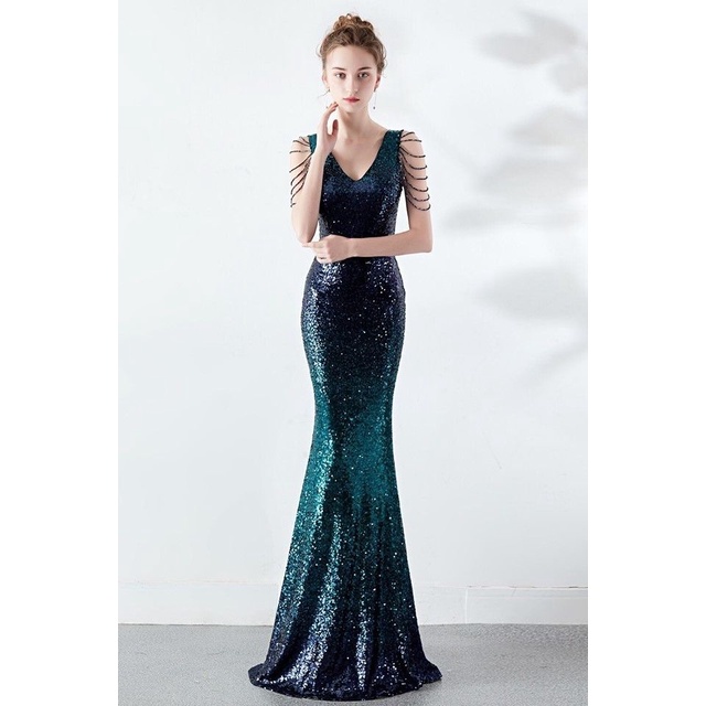 Elegant Sleeve Color Tones Mermaid Wedding Evening Gowns (Blue Green) (Made To Order)