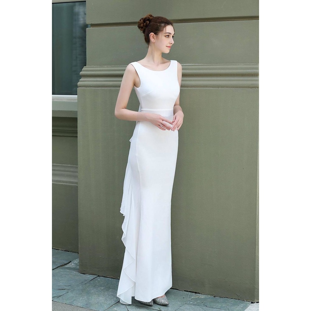 Backless Long Mermaid Evening Gown (White) (Made To Order)