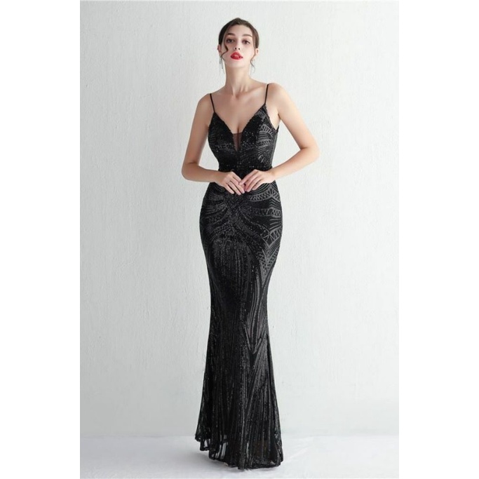 Low Back Spaghetti Mermaid Evening Gown (Black) (Made To Order)