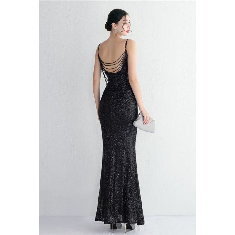 Spaghetti V Neck Sequins With Back Chain Evening Gown (Black) (Made To Order)