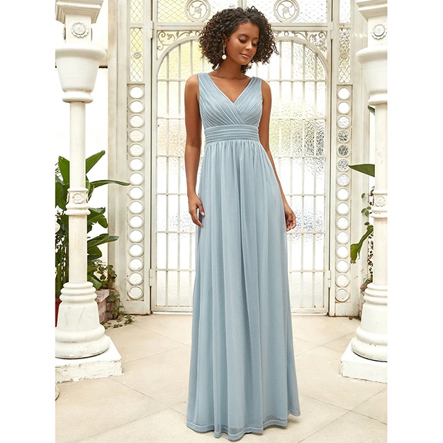 Pleated V Neck Shimmery Evening Dresses (Mist) (Made To Order)