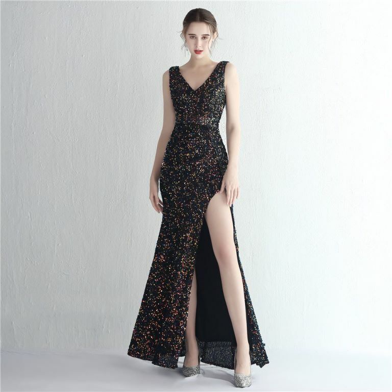 Sleeveless V-Neck Overlap Slit Evening Gown (Black) (Retail)