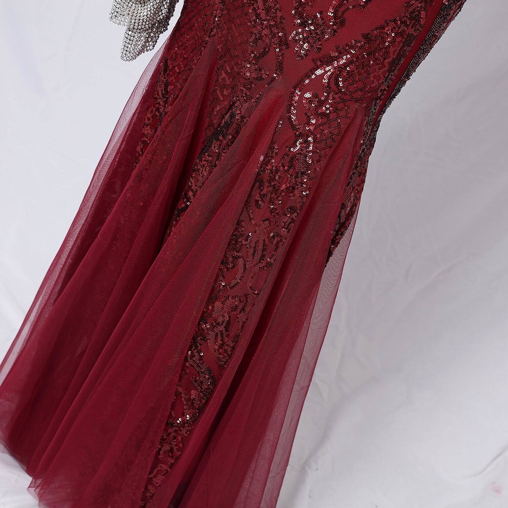 One Side Shoulder Sequins Mermaid Evening Gown (Burgundy) (Made To Order)