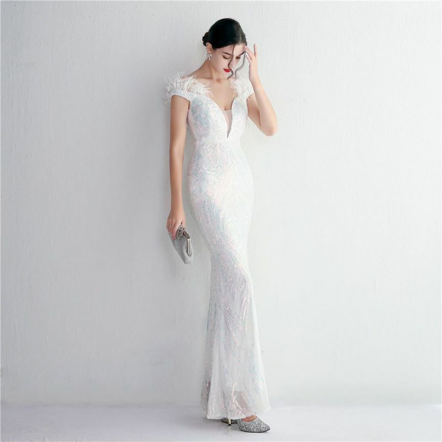 Elegant Off Shoulder Feather Mermaid Evening Gown (White) (Made To Order)