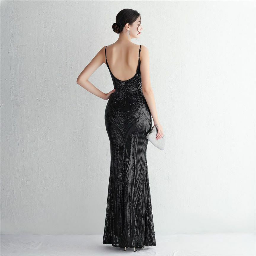 Low Back Spaghetti Mermaid Evening Gown (Black) (Made To Order)