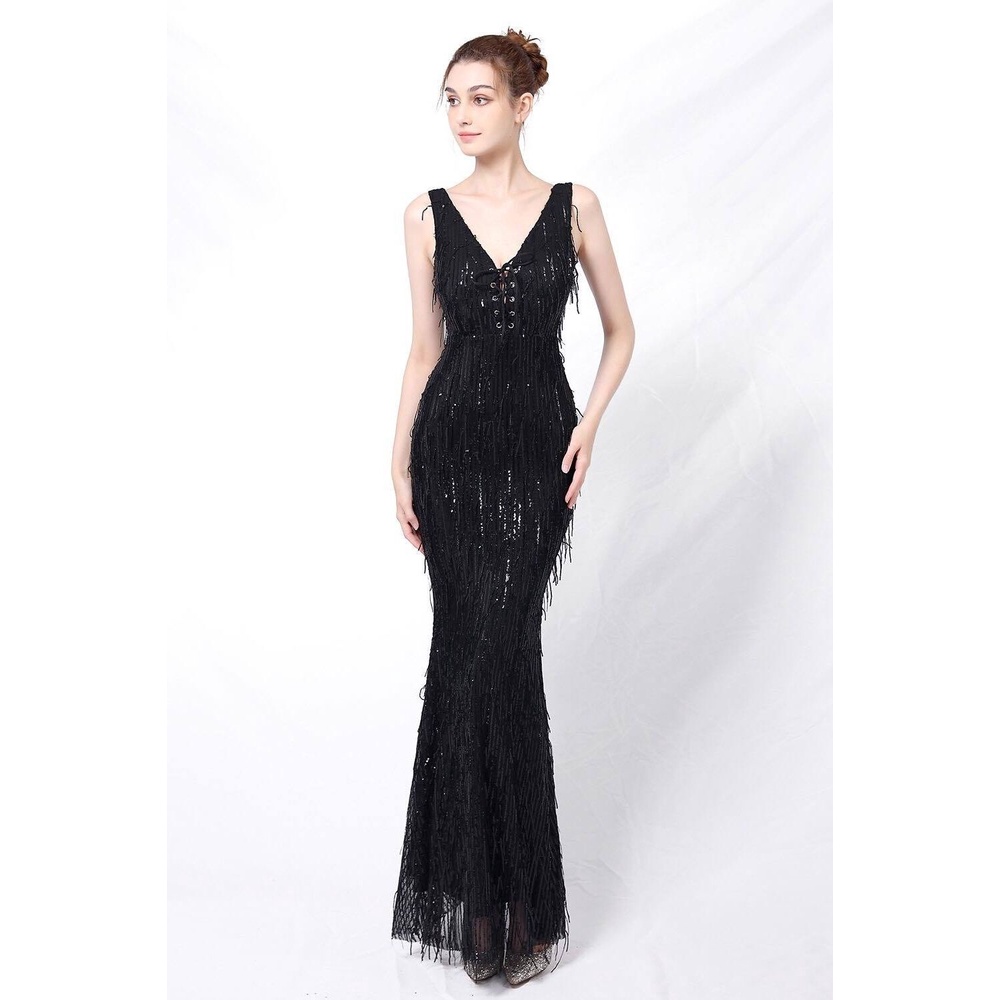 V-Neck Sequins Pattern Evening Gown (Black) (Made To Order)