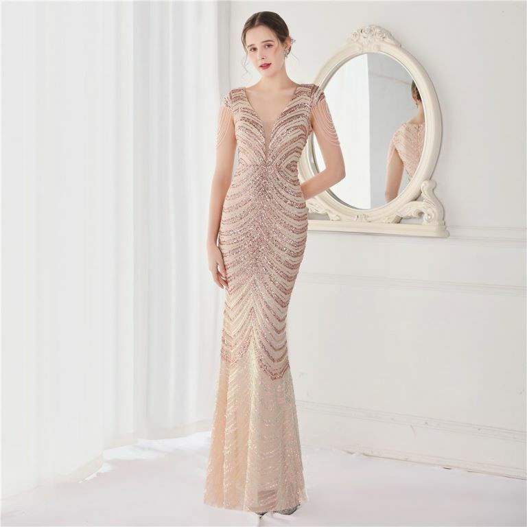 Illusion V-Neck Sequins with Beads Mermaid Evening Gown (Rose Gold) (Made To Order)