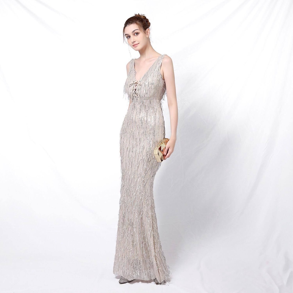 V-Neck Sequins Pattern Evening Gown (Silver) (Made To Order)