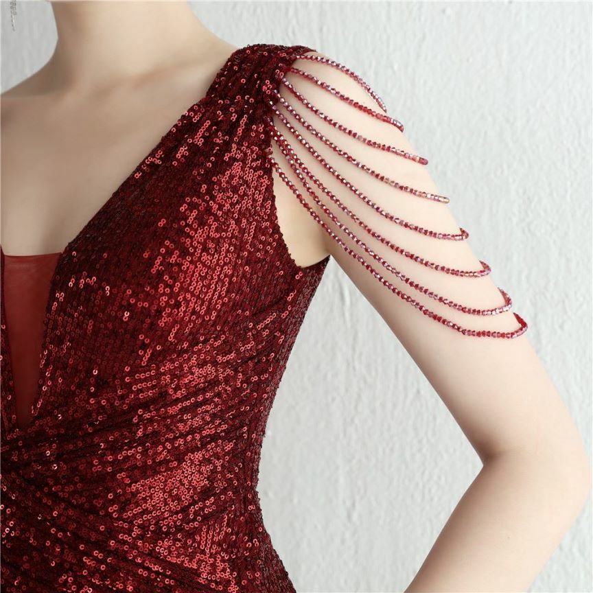 Illusion V-Neck Folded Waist Evening Gown (Maroon) (Made To Order)