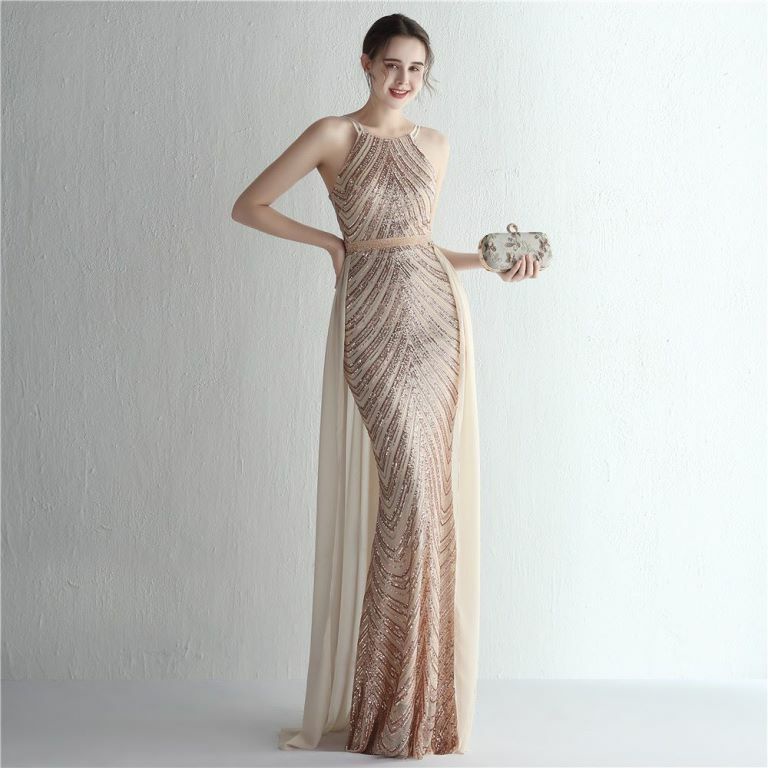 Halter Sequins with Cape Skirt in Mermaid Style Evening Gowns (Gold) (Made To Order)