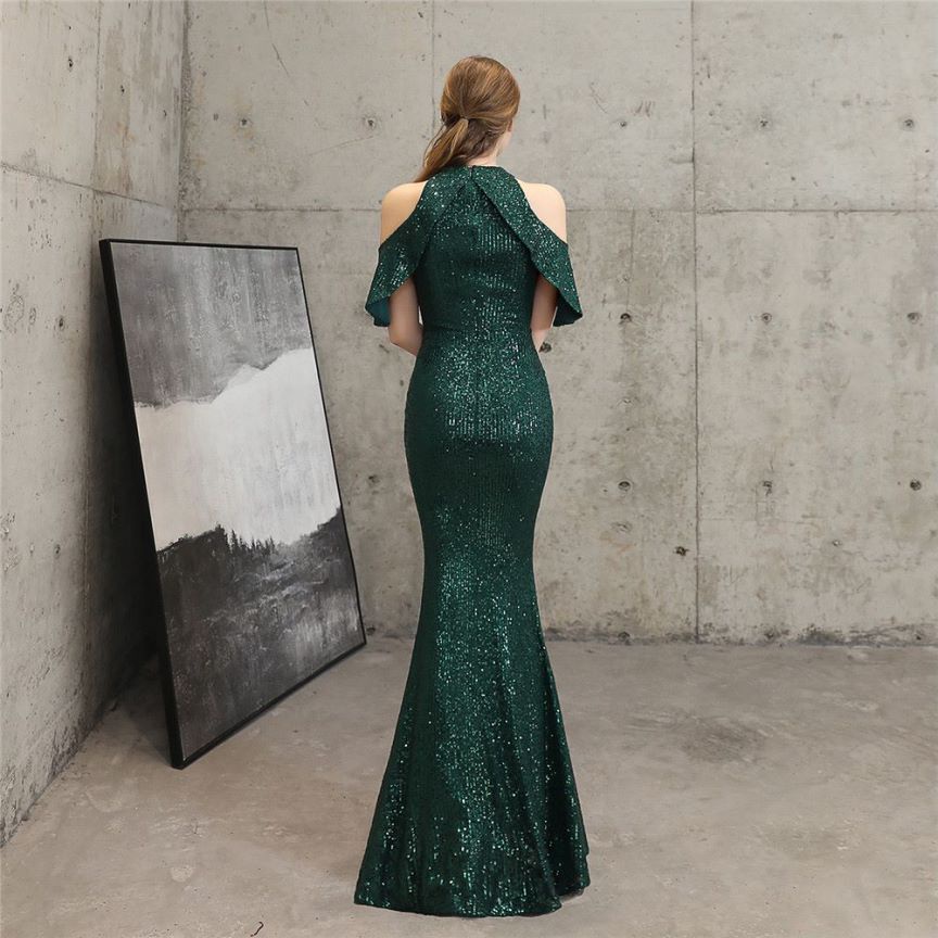 Cold Shoulder Sequins Mermaid Evening Gown (Green) (Made To Order)