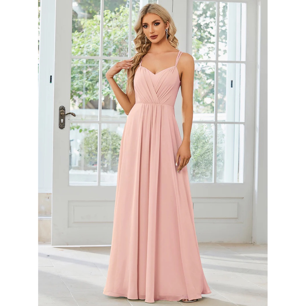 Lace V Back Chiffon A-line Evening Dress (Pink) (Made To Order)