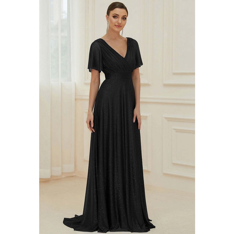 Deep V Neck Ruffles Sleeve A Line Evening Gown (Black) (Retail)