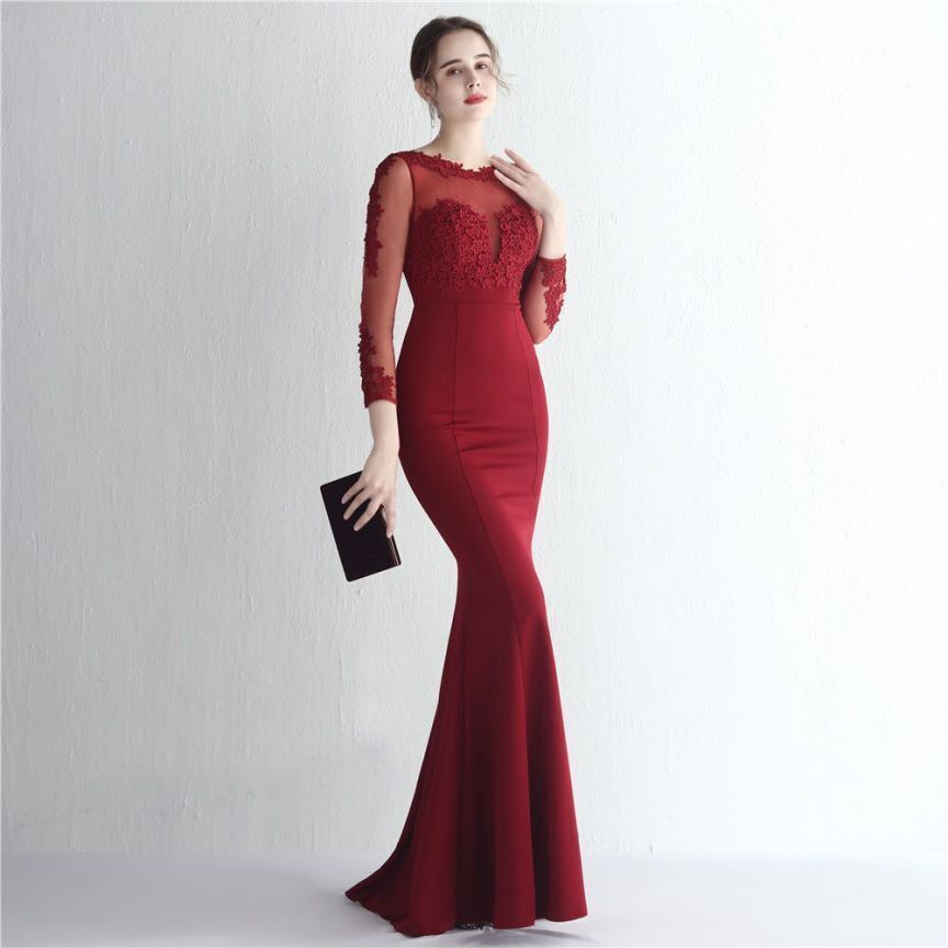 Elegant Long Sleeve Lace Mermaid Evening Gown (Maroon) (Retail)