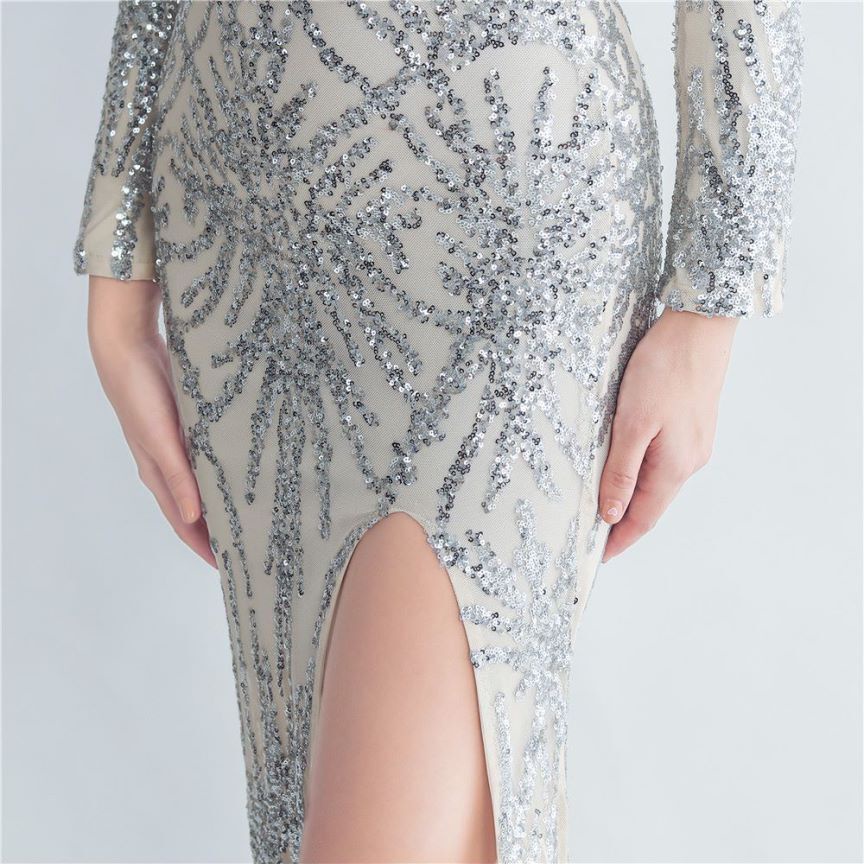 Off Shoulder Feather Sequins with High Slit Gown (Silver) (Made To Order)