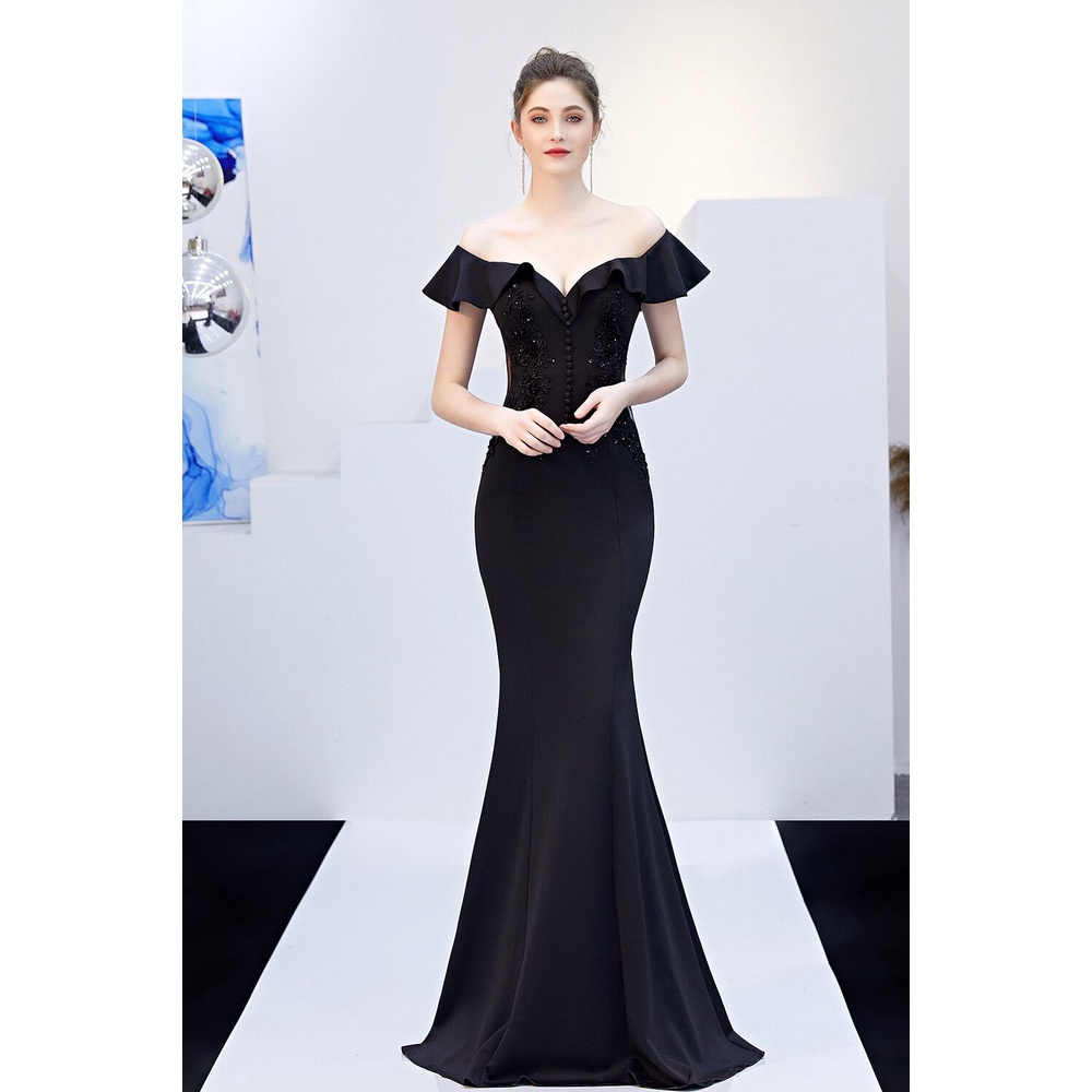 Off Shoulder Bodycon Mermaid Evening Gown (Black) (Made To Order)