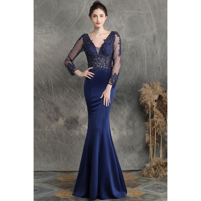 Long Sleeve Luxury Lace Fish Tail Mermaid Gown (Navy Blue) (Made To Order)