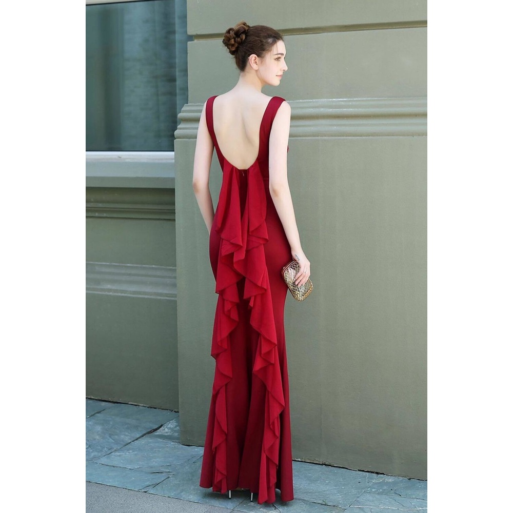 [MTO] Backless Long Mermaid Evening Gown - Burgundy