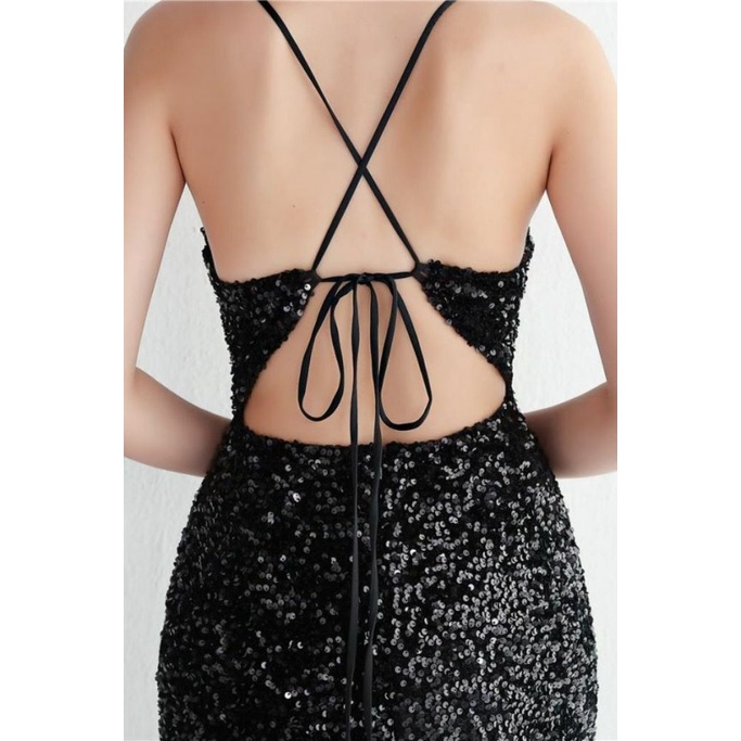 Gorgeous Open Back Spaghetti Evening Gown (Black) (Made To Order)
