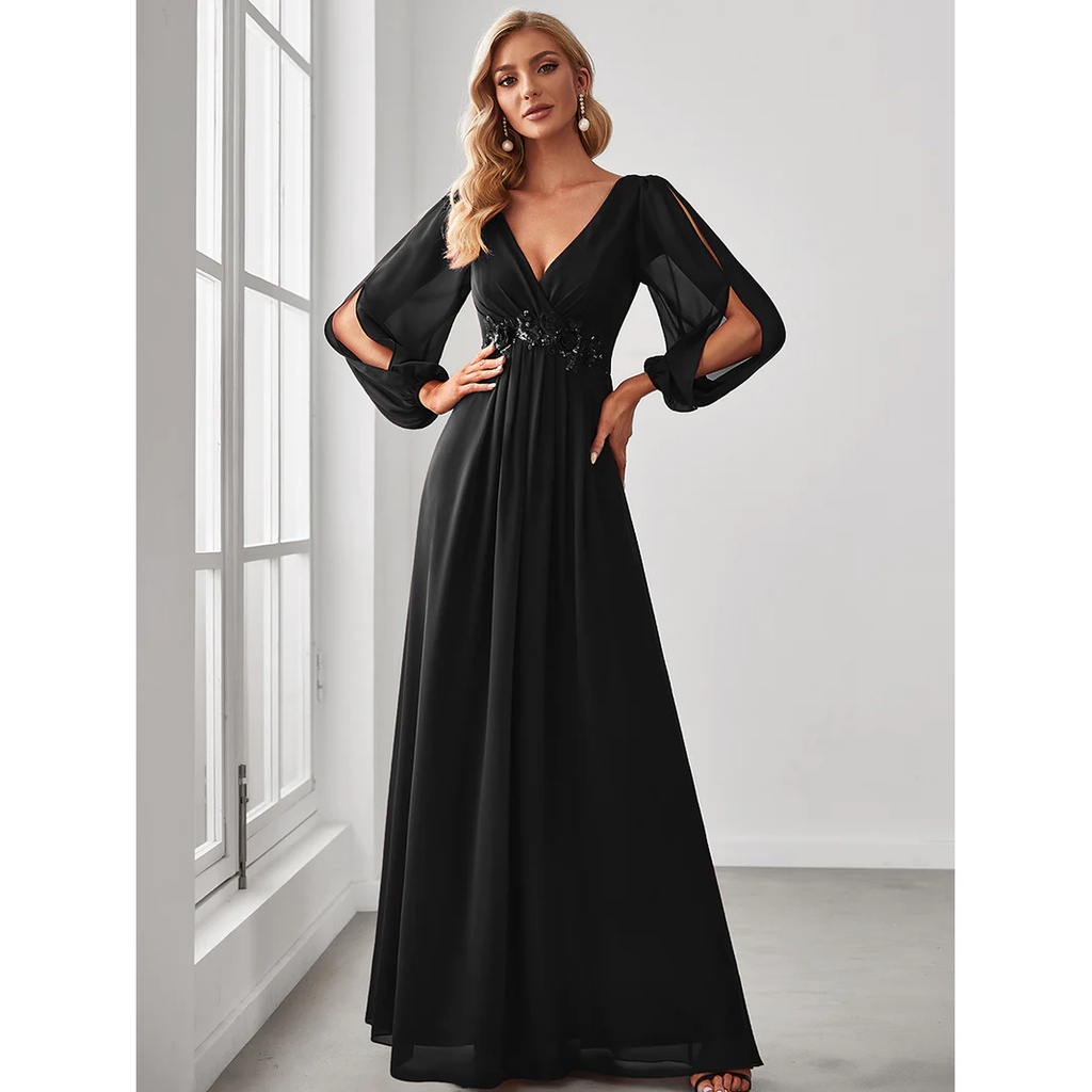 Long Lantern Sleeves V-Neck A-Line Evening Gowns (Black) (Retail)