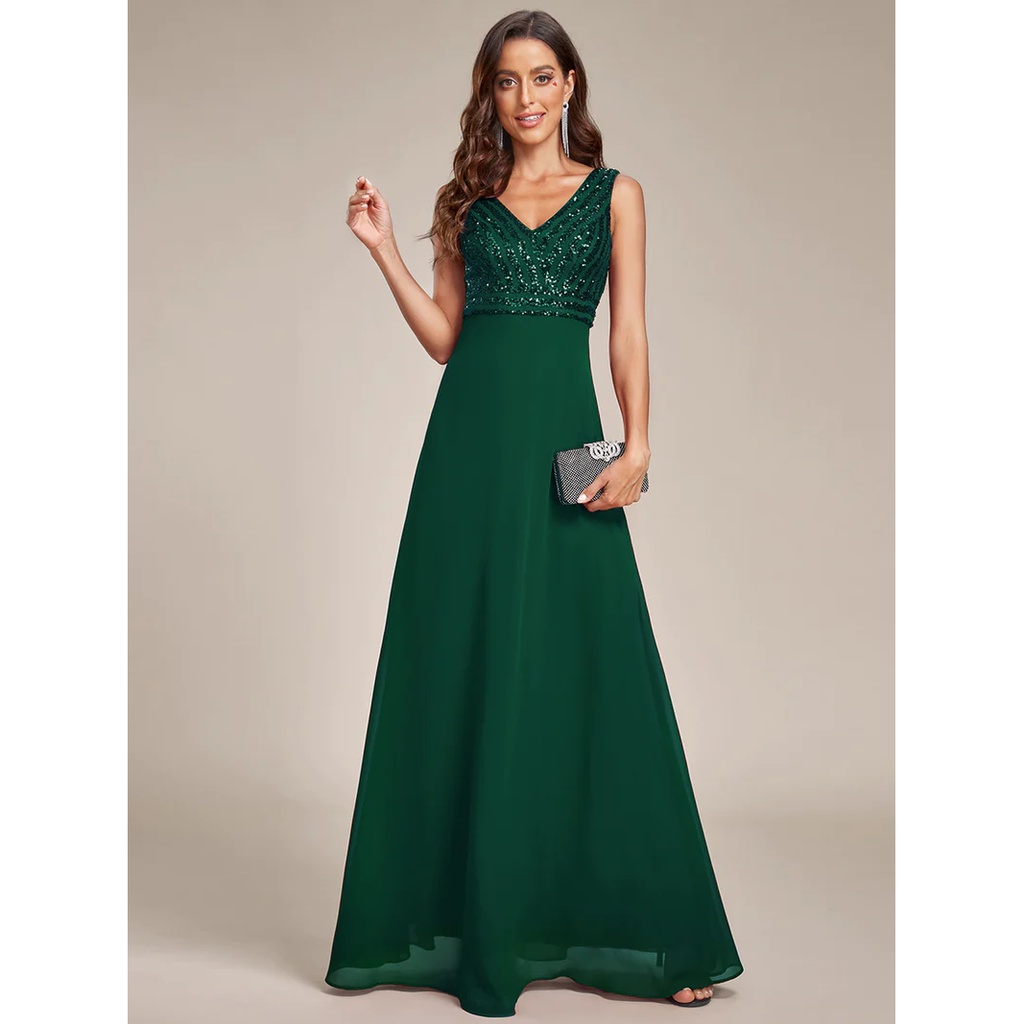 Sleeveless Sequin Chiffon A Line Gown (Green) (Made To Order)