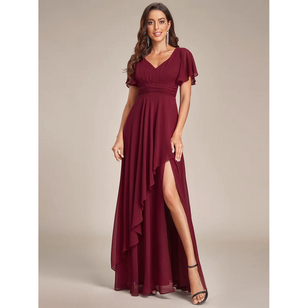 Side Split V Neck Ruched Chiffon Dresses (Burgundy) (Retail)