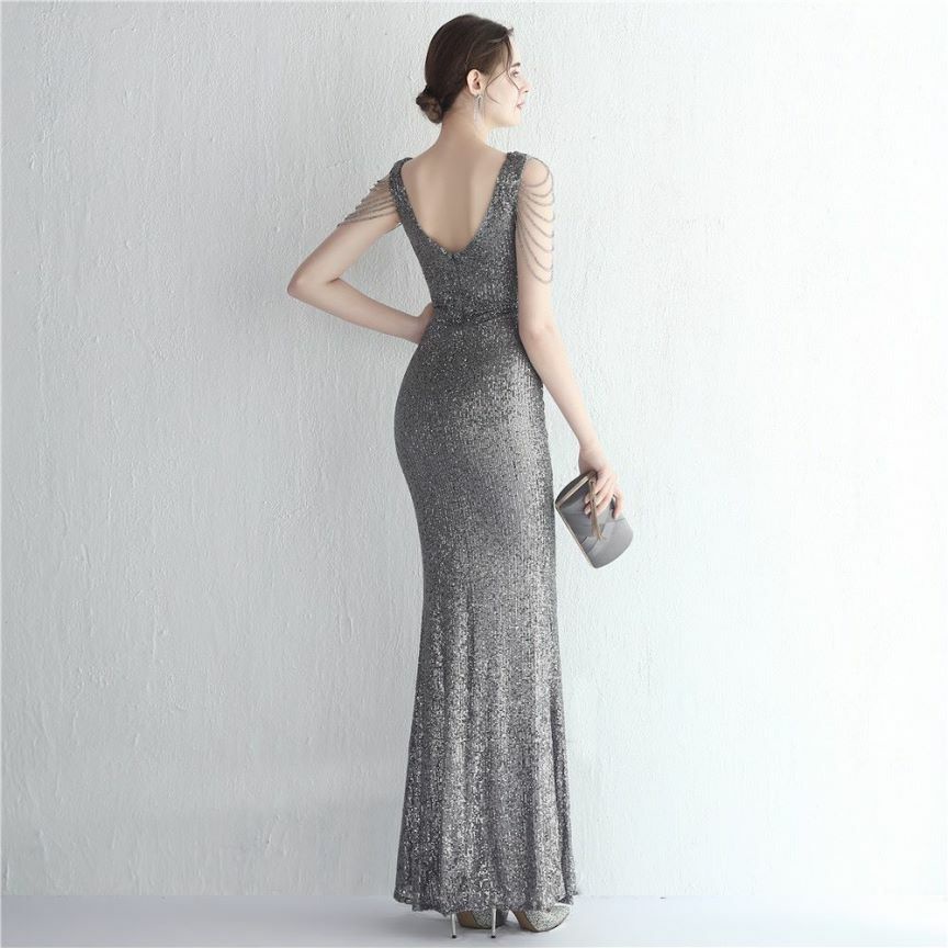 Illusion V-Neck Folded Waist Evening Gown (Silver) (Made To Order)