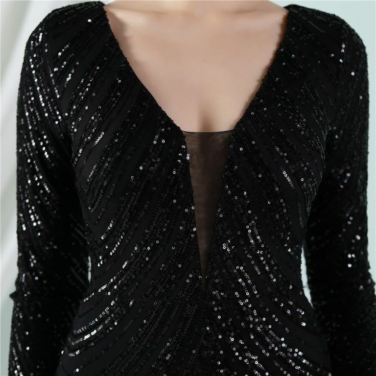 Long Sleeve Sequins Mermaid Evening Gown (Black) (Made To Order)