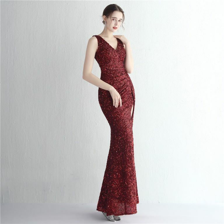 Sleeveless V-Neck Overlap Slit Evening Gown (Maroon) (Made To Order)