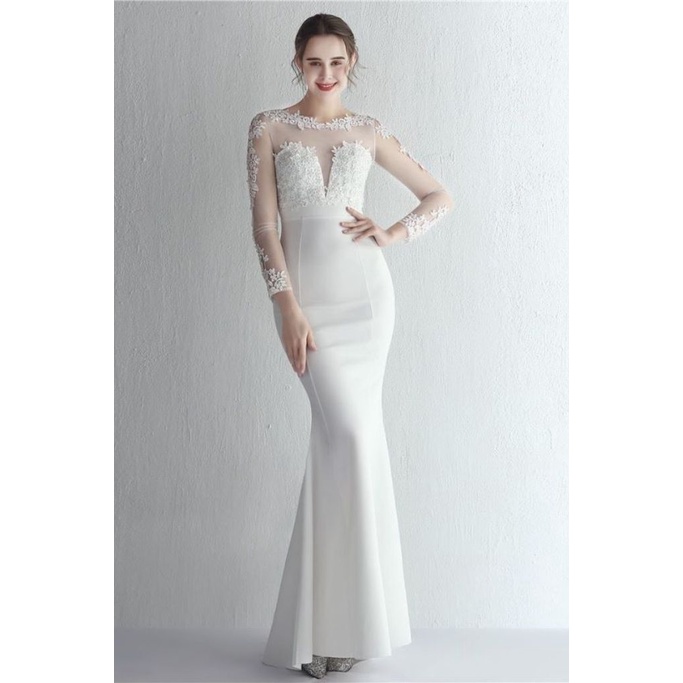 Elegant Long Sleeve Lace Mermaid Evening Gown (White) (Made To Order)
