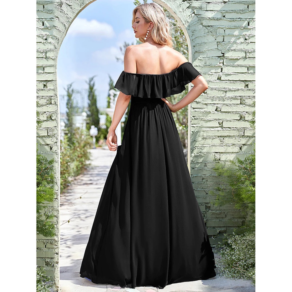 Off Shoulder Sleeveless Split Long Evening Dress (Black) (Retail)