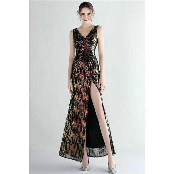Multicolors Sequins V-Neck High Slit Evening Gown (Black) (Made To Order)