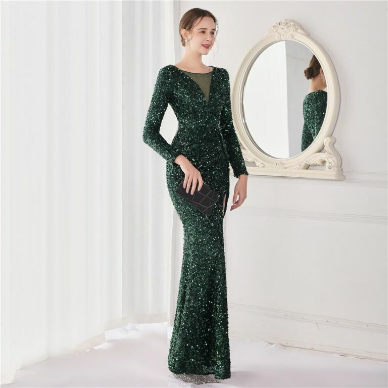 Long Sleeve Illusion V-Neck Evening Gowns (Green) (Made To Order)