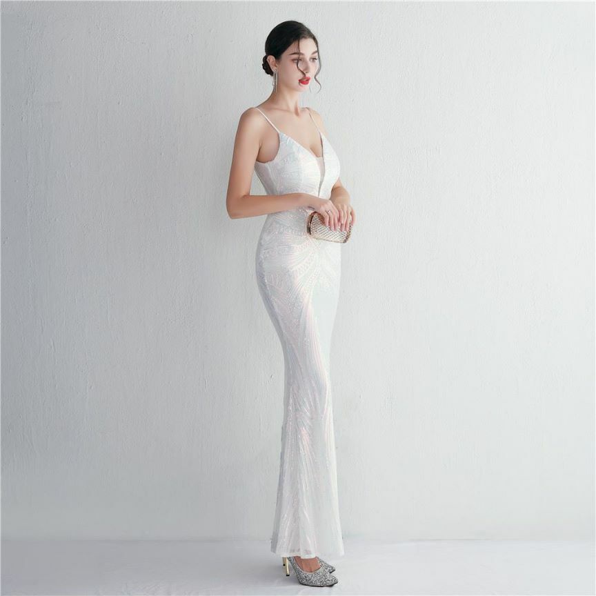 Low Back Spaghetti Mermaid Evening Gown (White) (Made To Order)