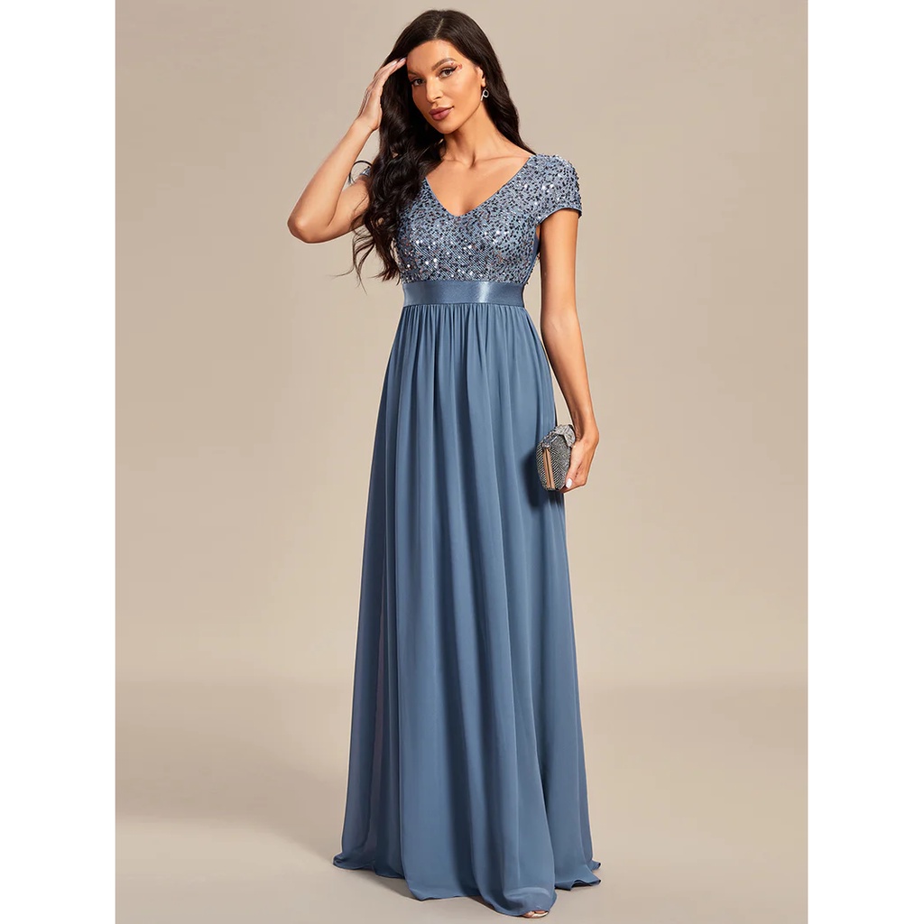 Short Sleeves Sequins A-Line Evening Gown (Dusty Navy) (Retail)