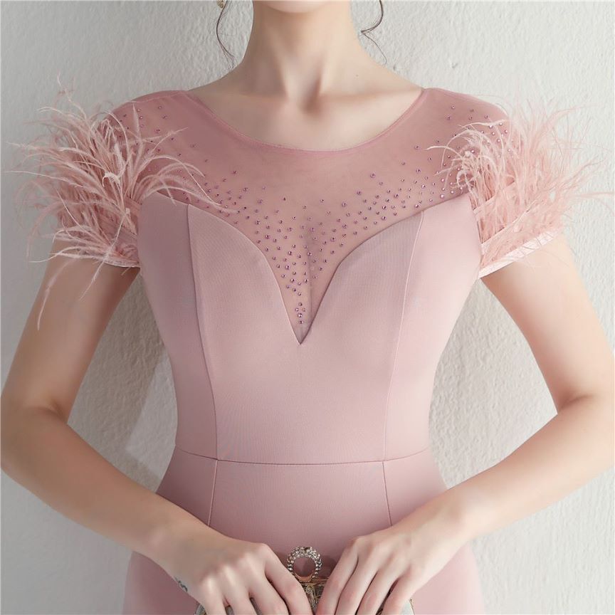 Short Sleeve with Feather Slim Cut Evening Gowns (Pink) (Retail)