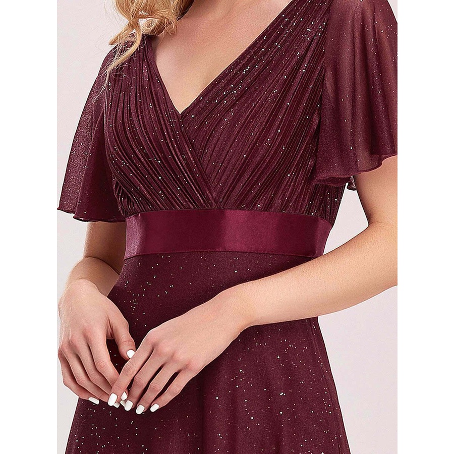 Deep V Neck Ruffles Sleeve A Line Evening Gown (Maroon) (Retail)