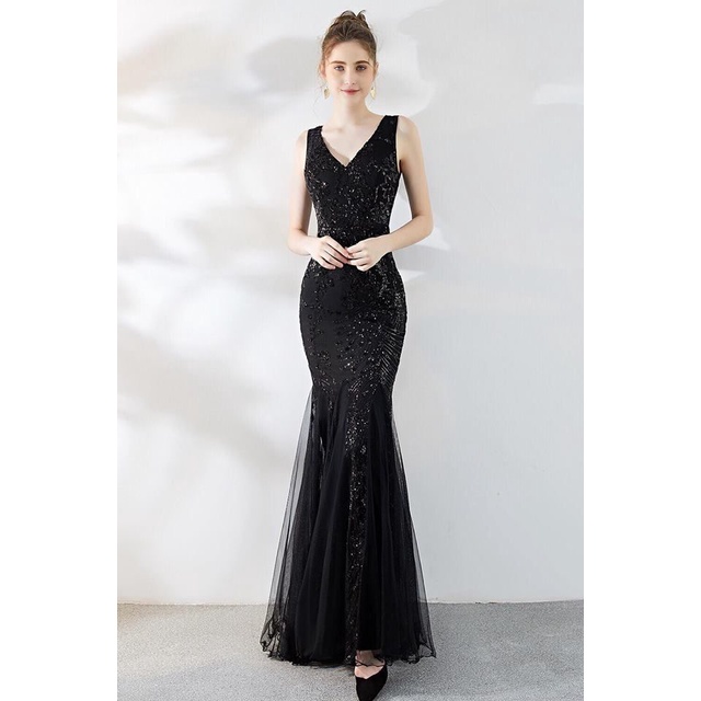 V-Neck Black Sequins Mermaid Long Gown (Made To Order)