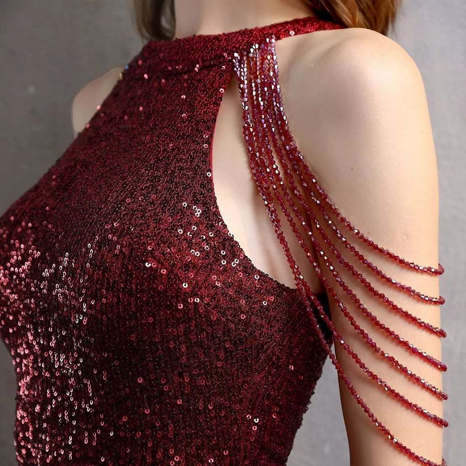 Fashion Crystal Beads Sequins Evening Dress (Burgundy) (Made To Order)